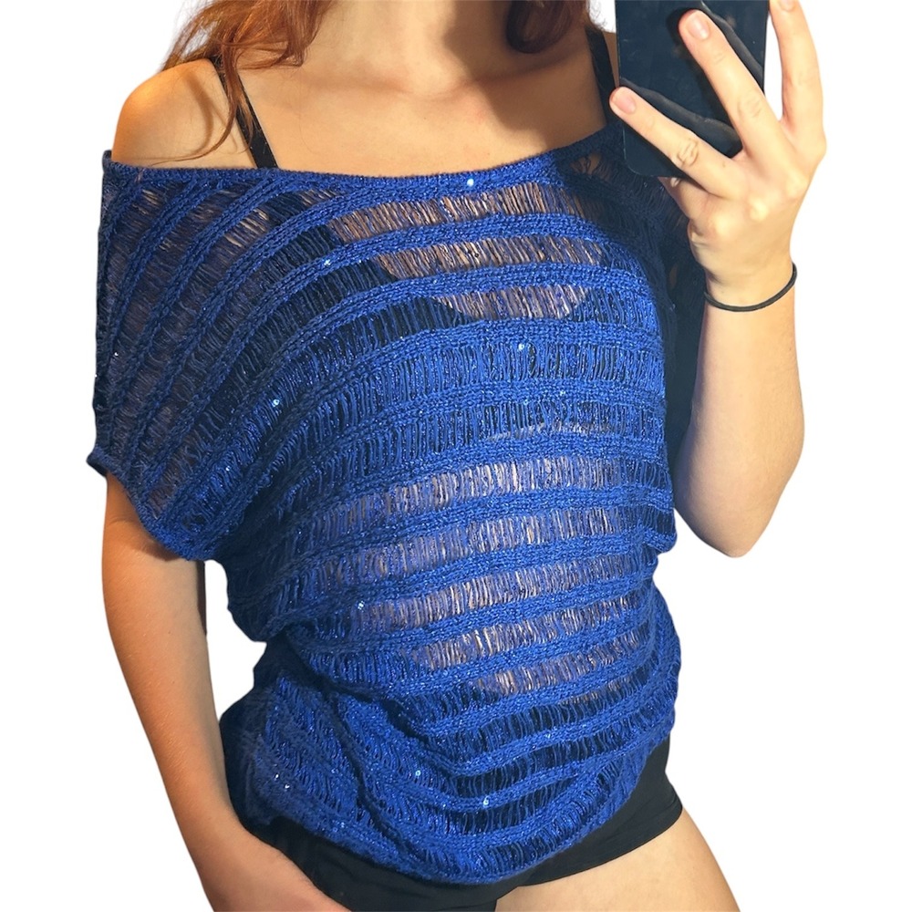 Deb Royal Blue Sequin Open Knit Off Shoulder Dolman Sleeve Sweater Top 2X